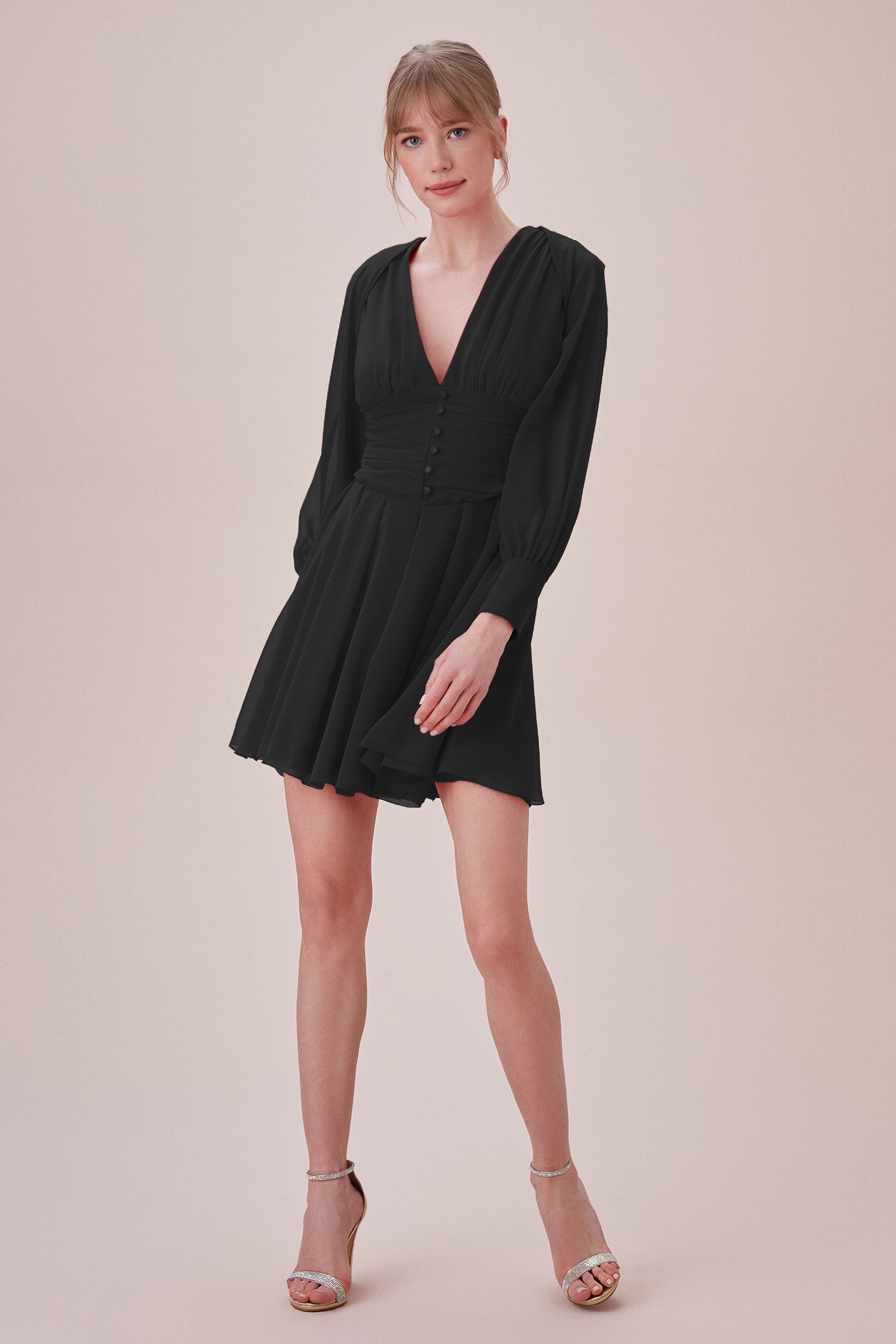 Siyah Uzun Kollu Derin V Yaka Şifon Mini Elbise