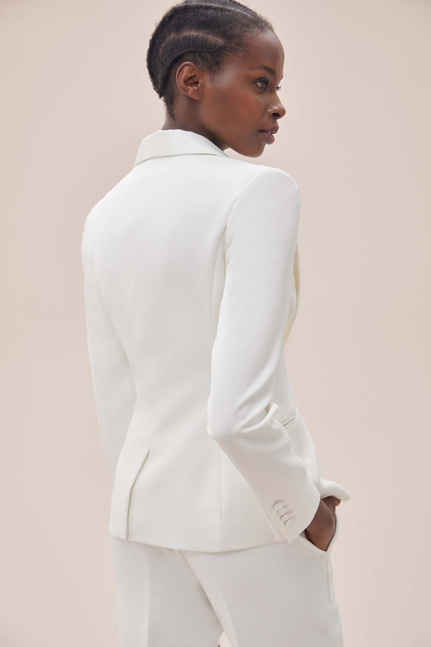 Beyaz Dar Kesim Krep Takım Elbise Gelinlik Ceketi
