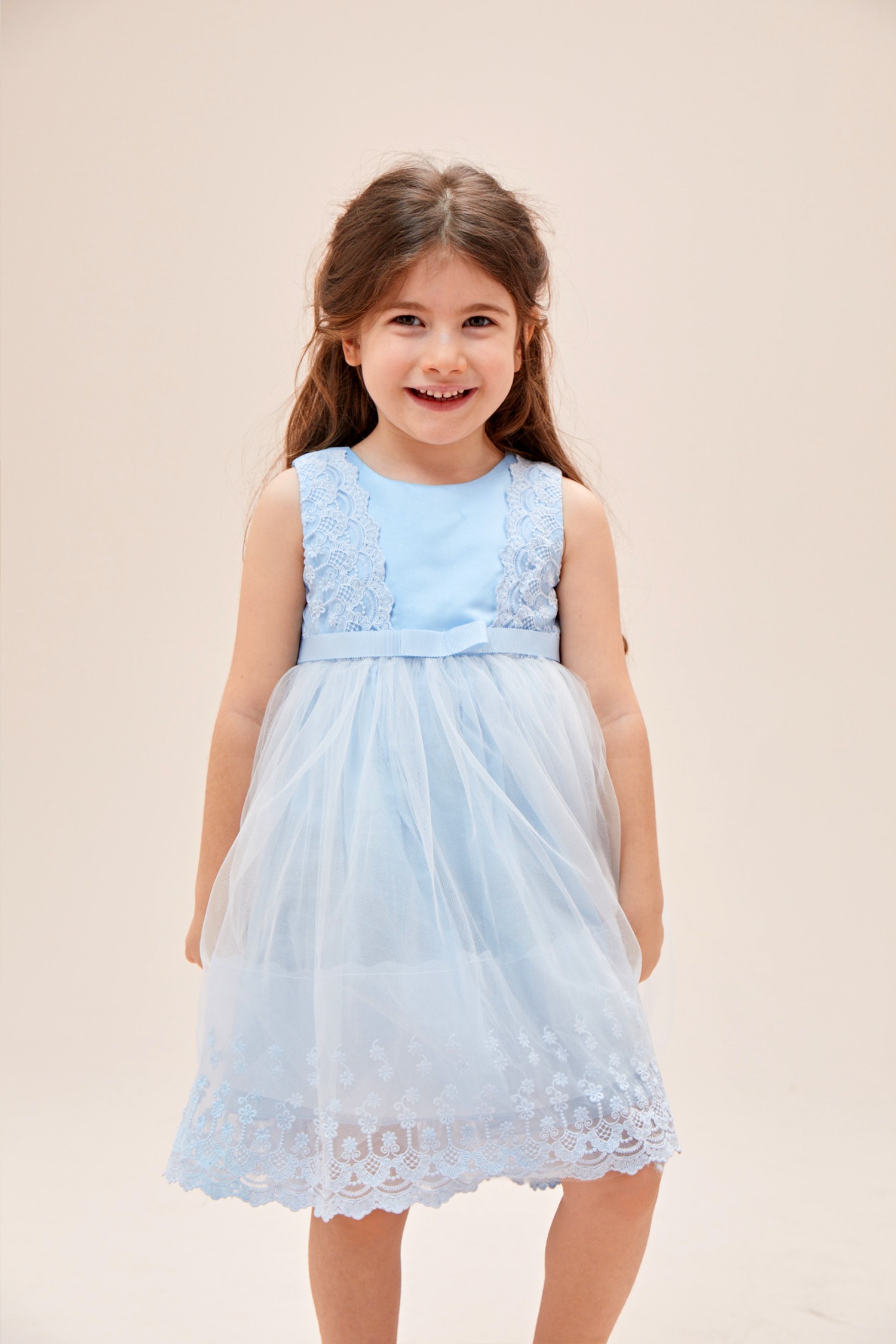 Mavi Askılı Tül Etekli Çocuk Elbisesi