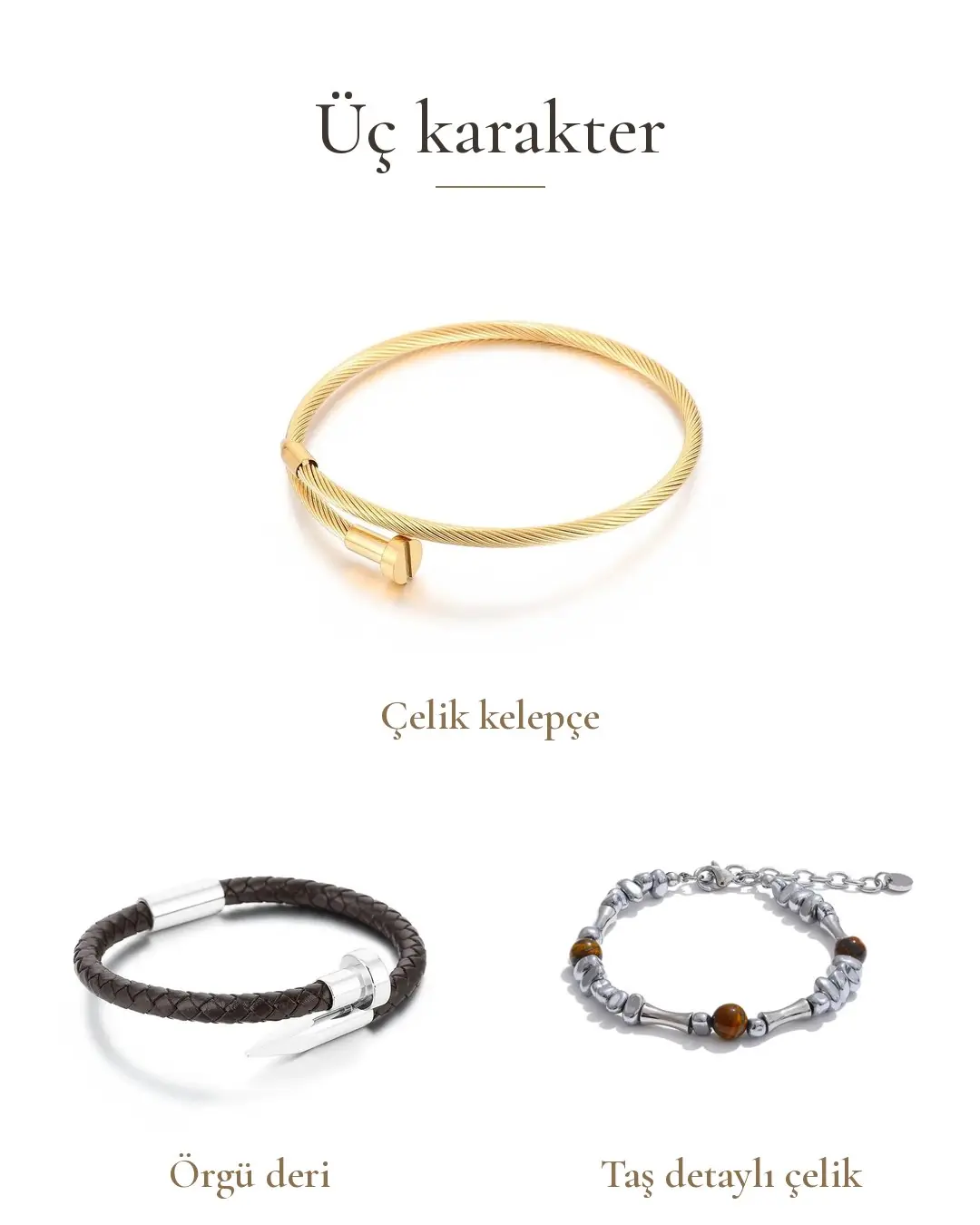 Altın renkli çelik kelepçe, örgü deri ve taş detaylı çelik erkek bileklik beyaz fonda yan yana