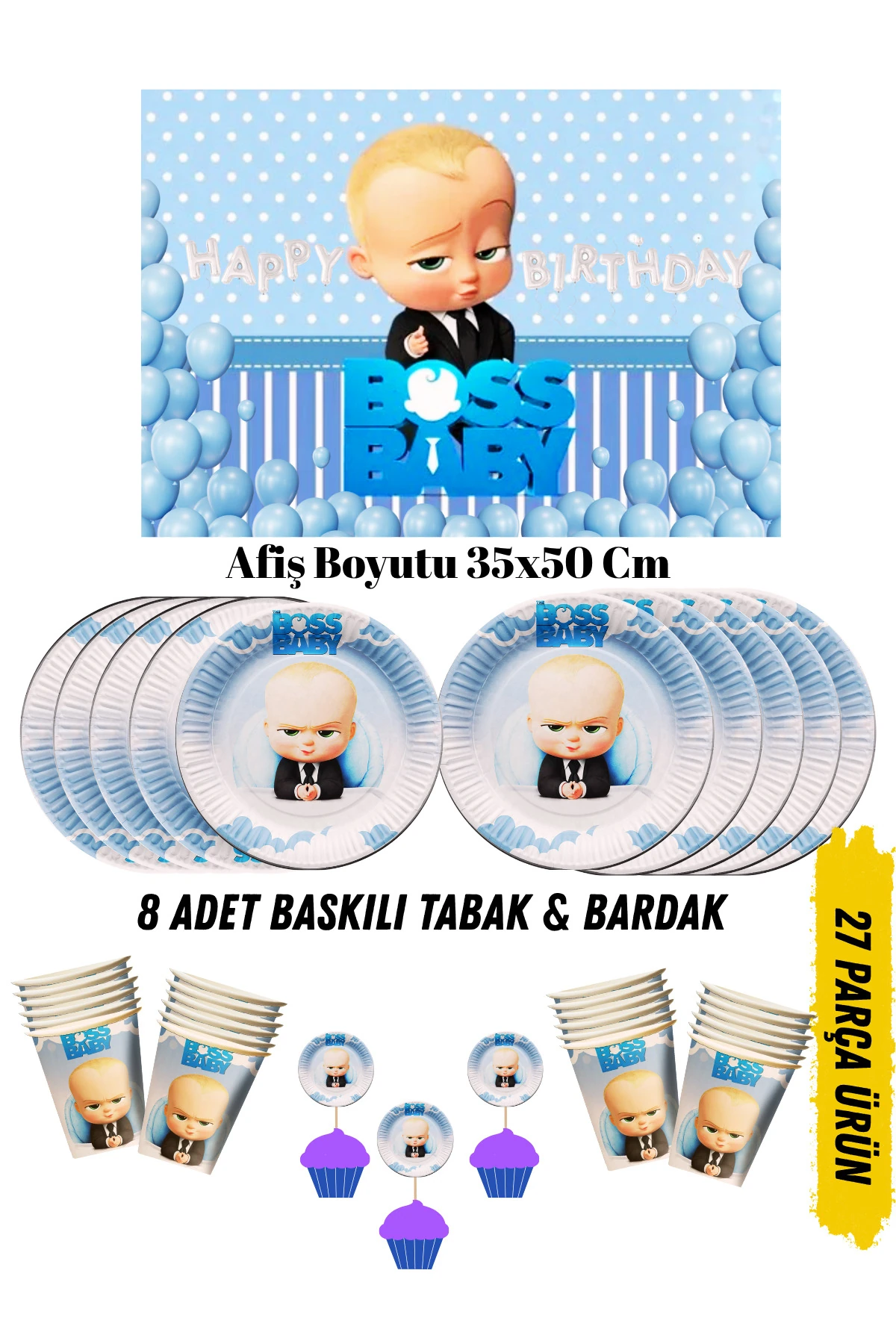 Patron Bebek The Boss Baby Temalı Doğum Günü Tabak , Bardak , Afiş Seti