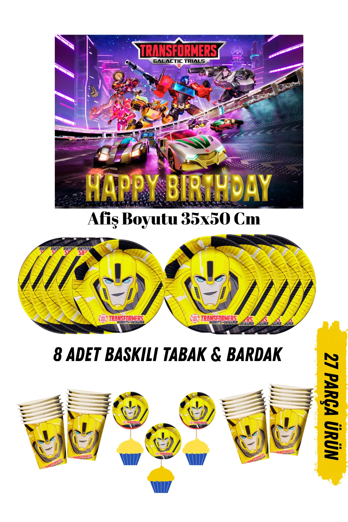 Transformers Bumblebee Temalı Doğum Günü Tabak , Bardak , Afiş Seti