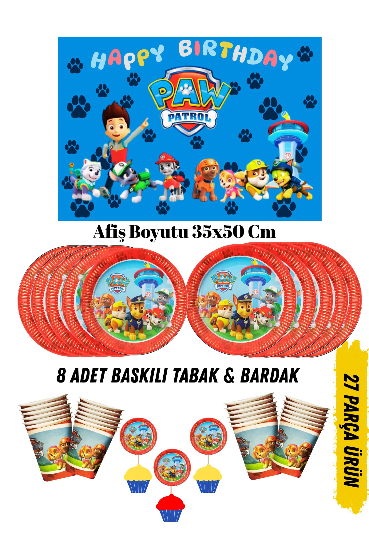 Paw Patrol Ryder Temalı Doğum Günü Tabak , Bardak , Afiş Seti