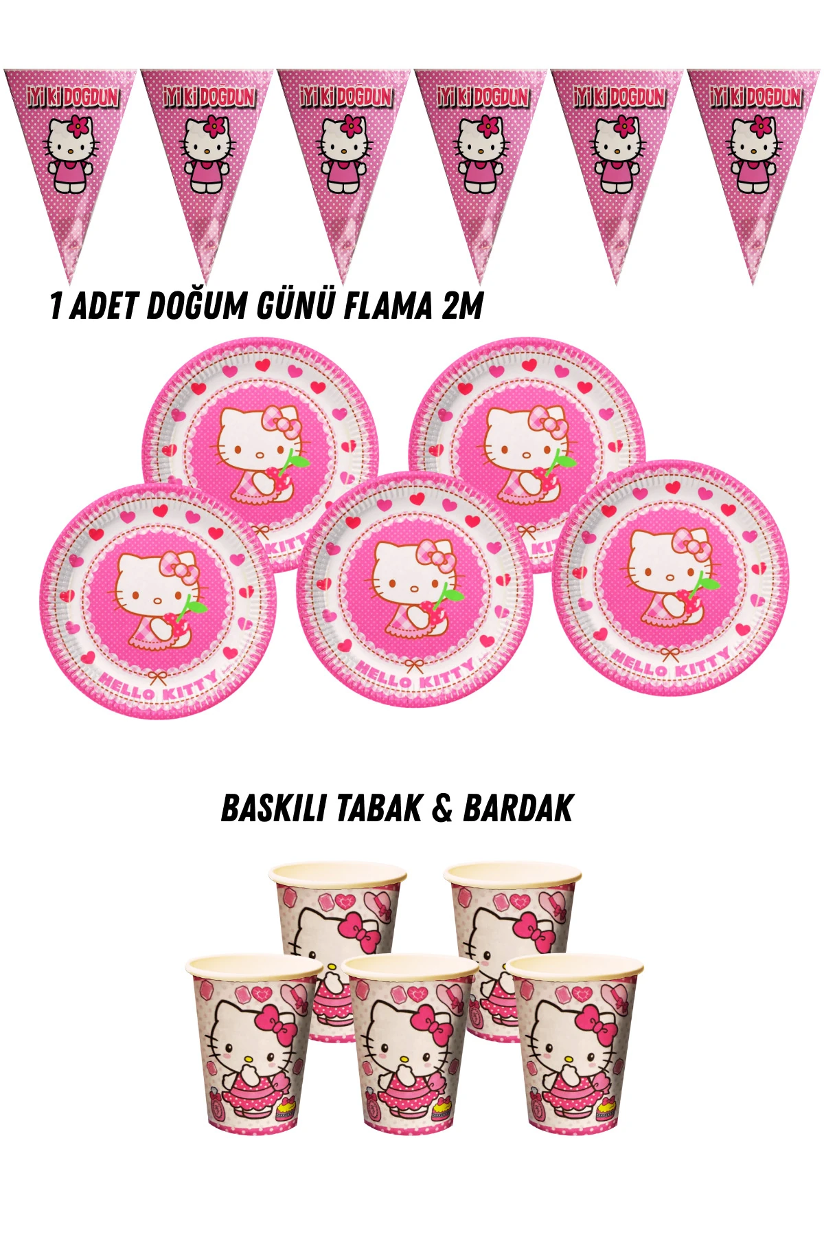 Hello Kitty 32 Kişilik Tabak , Bardak , Flama Bayrak Doğum Günü Set