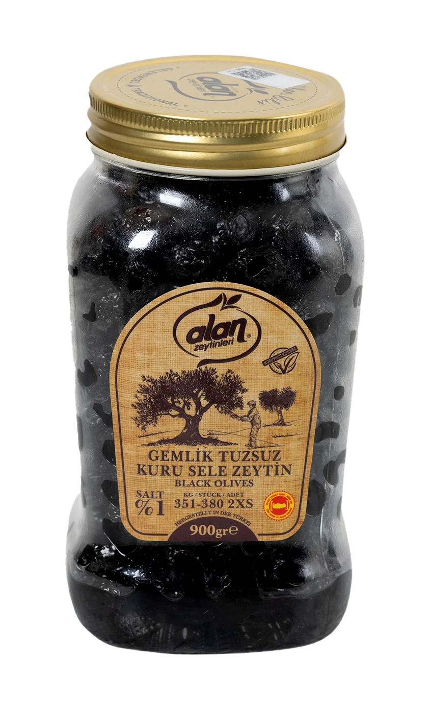 Alan Zeytin Az Tuzlu Gemlik Kuru Sele Zeytin 351-380 2XS Pet 900 GR