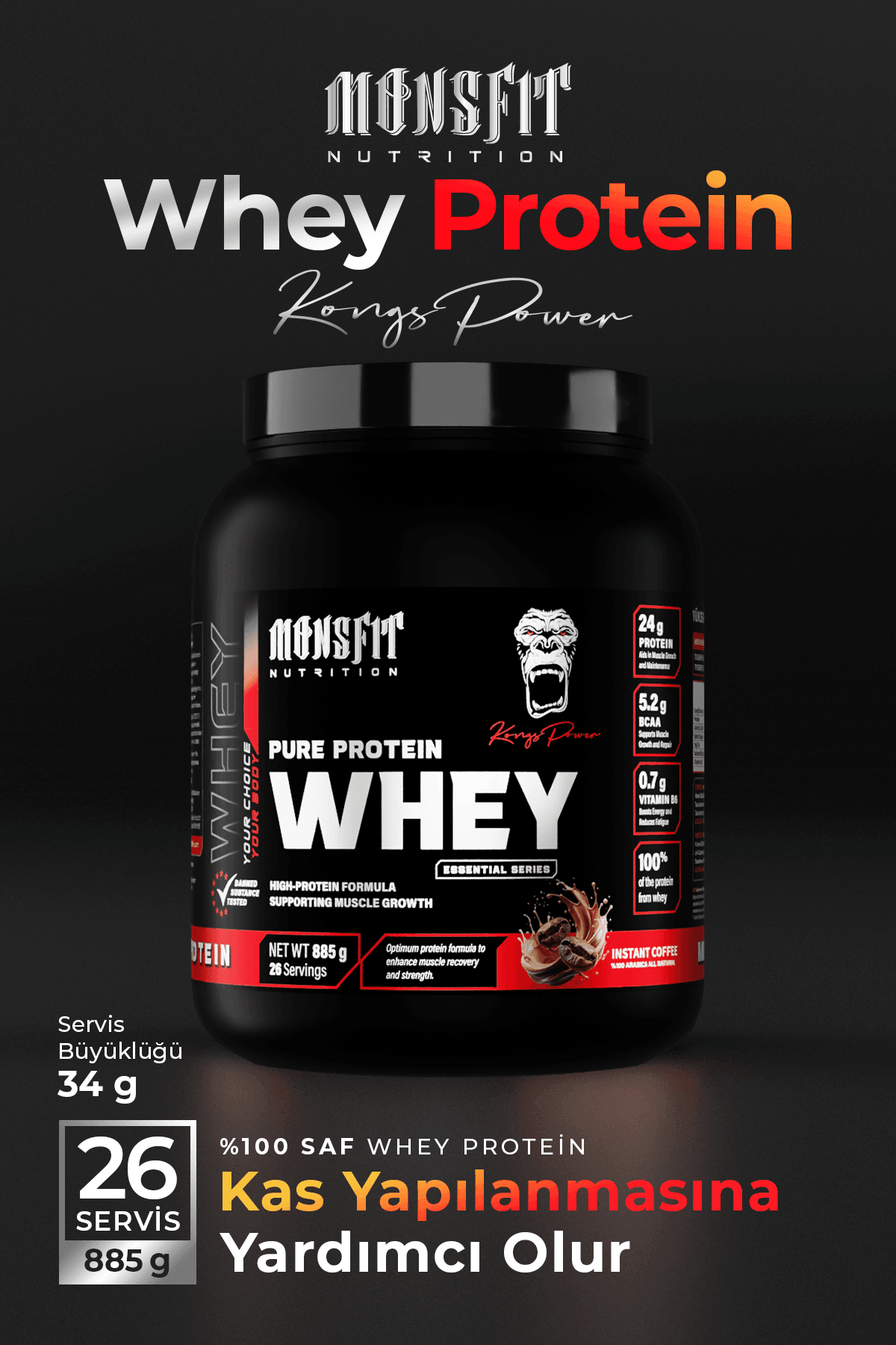 Whey Protein 885 G (26 SERVİS) - Kas Yapılanmasına Yardımcı (Instant Kahve İçerir)(Aroma İçermez)