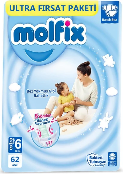 Molfix Bebek Bezi 3D 6 Beden Extra Large 15+ Kg 62li Ultra Fırsat Paketi