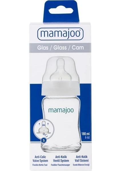 Mamajoo Cam Anti-Kolik Biberon 180 ml, Yenidoğan Bebek, 0 Ay+, Yavaş Akışlı