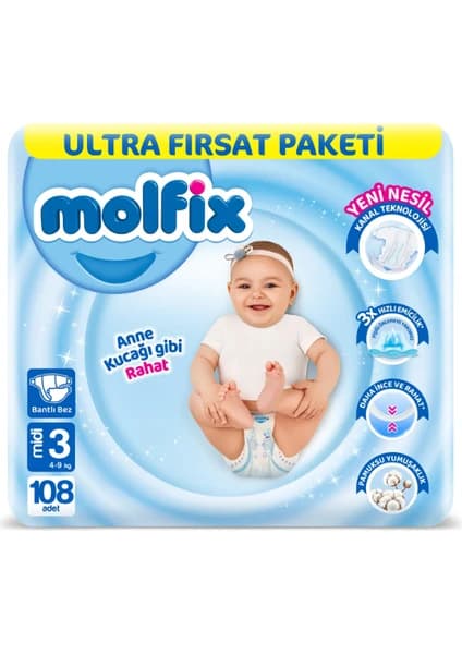Molfix Bebek Bezi 3D 3 Beden Midi 4-9 Kg 108li Ultra Paketi