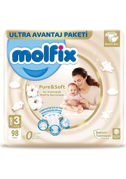Molfix Pure&Soft Bebek Bezi 3 Beden Midi 4-9 Kg 98lİ Ultra Avantaj Paketi