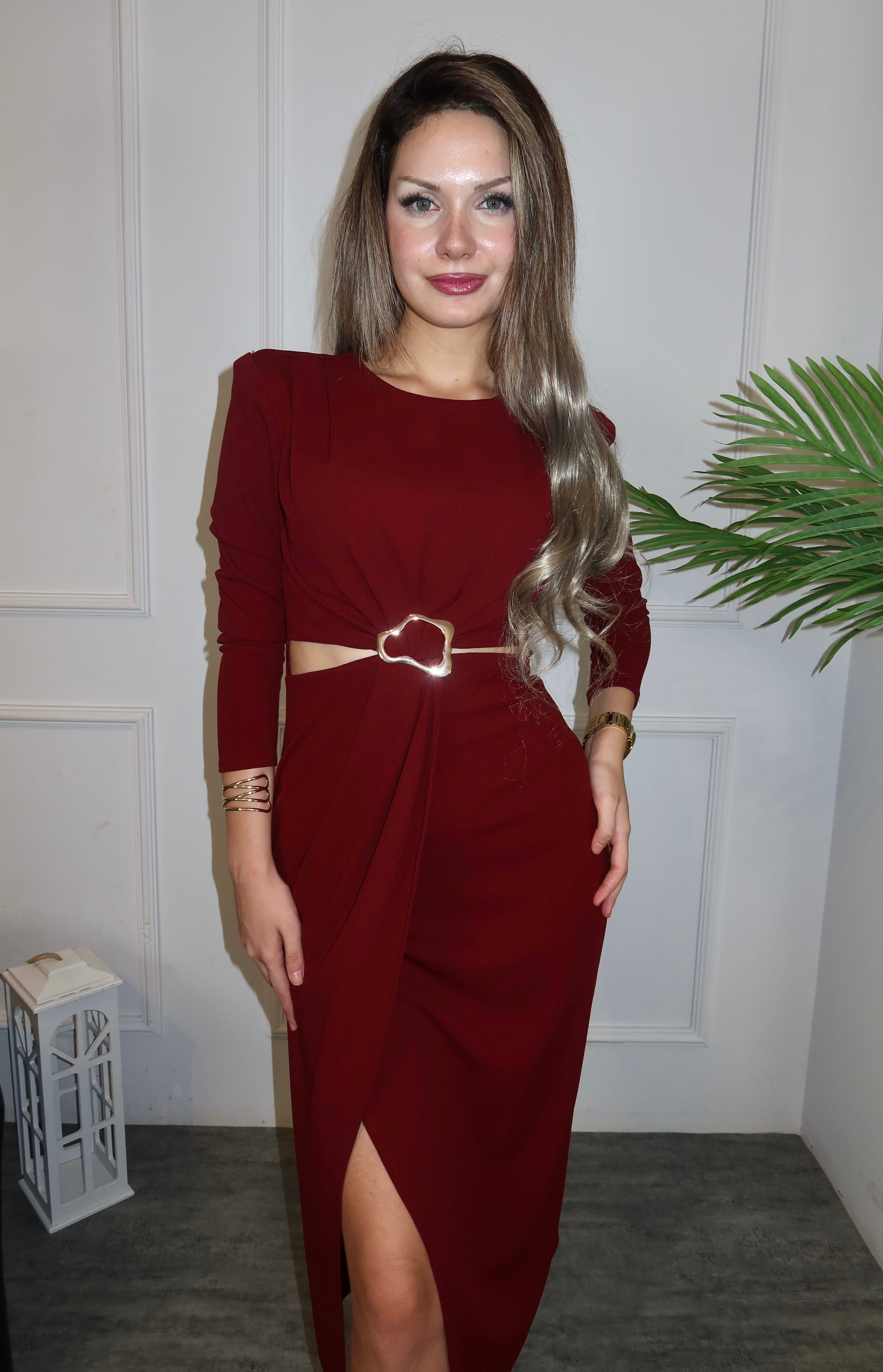 Layer Toka Detaylı Elbise - Bordo