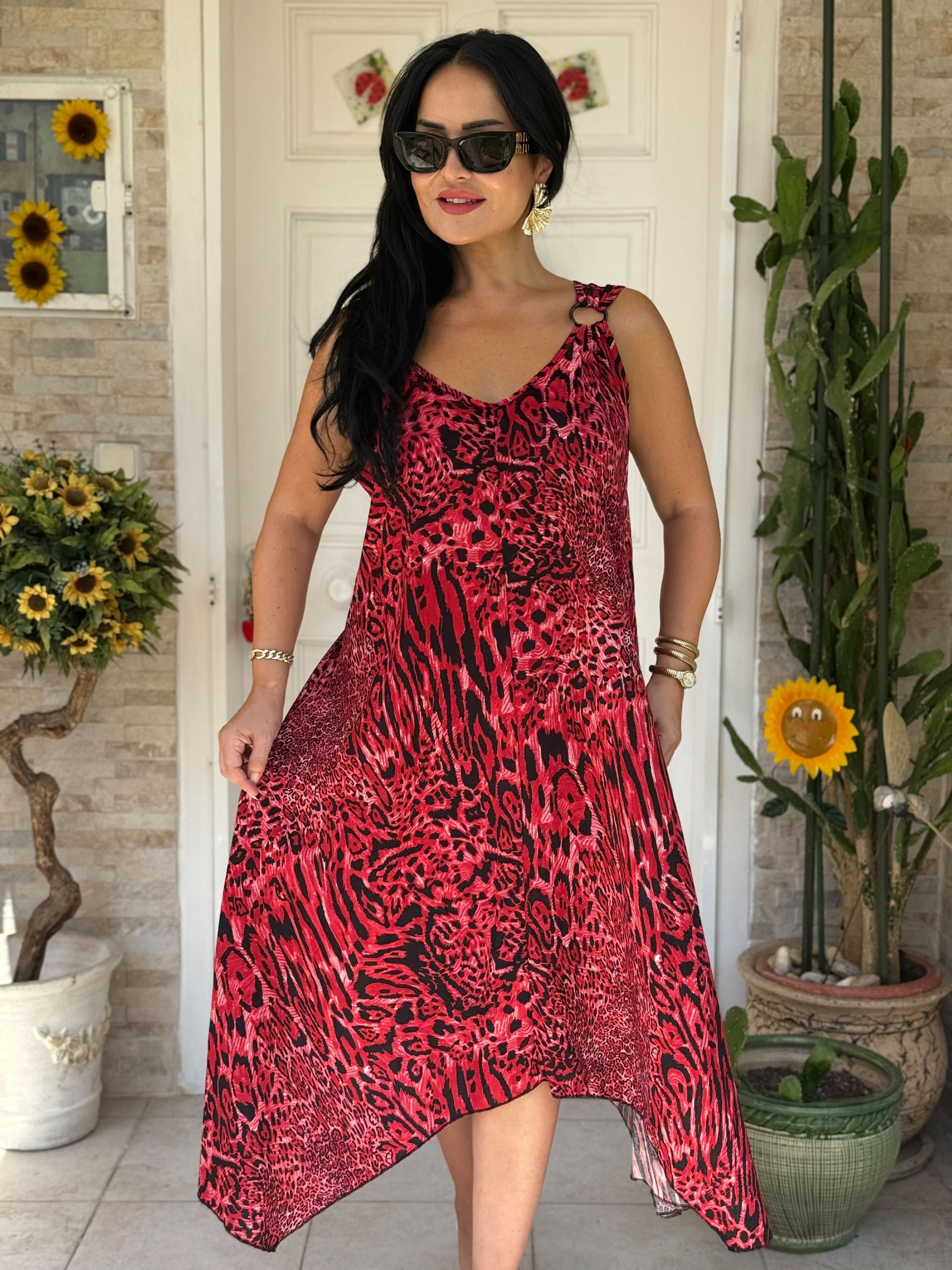 Melina halka detaylı elbise - kırmızı siyah desenli