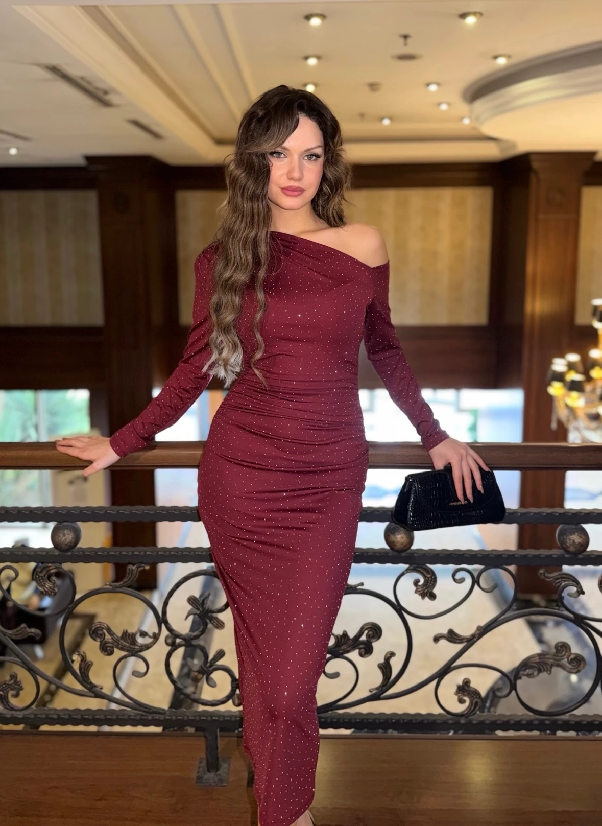 Livia taşlı elbise - Bordo