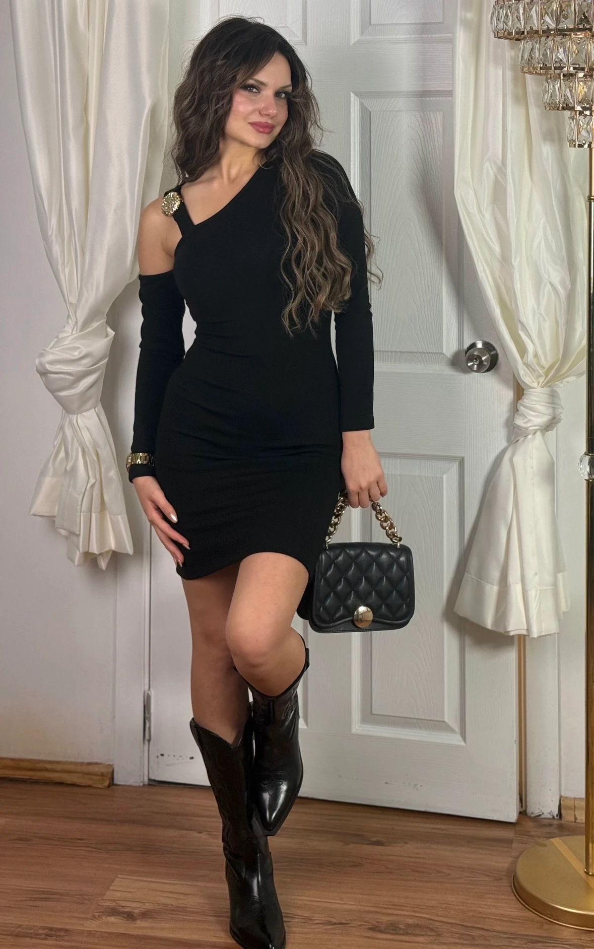 Meva Omuz Toka Detaylı Elbise