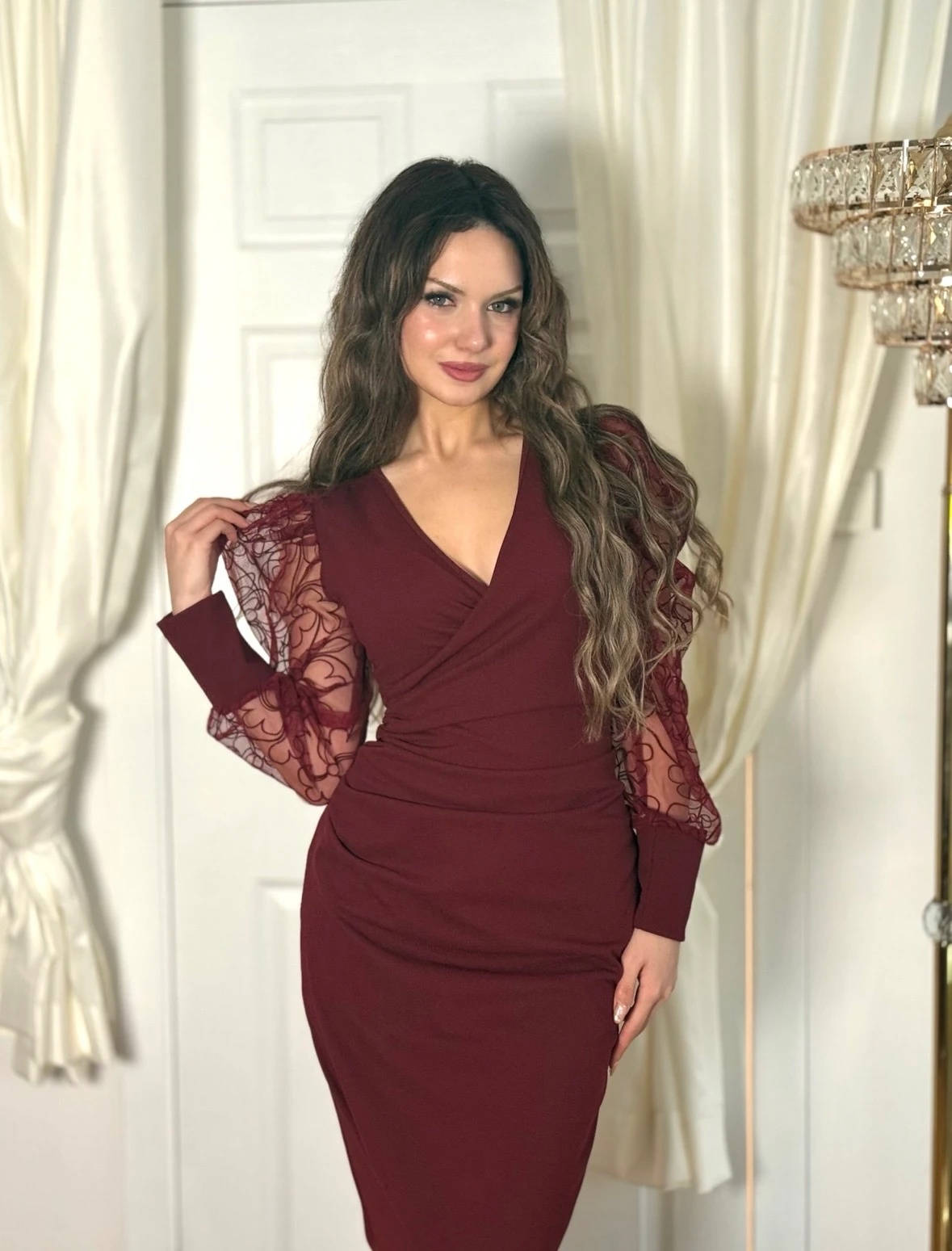 Melita Kolları Tül Elbise - Bordo