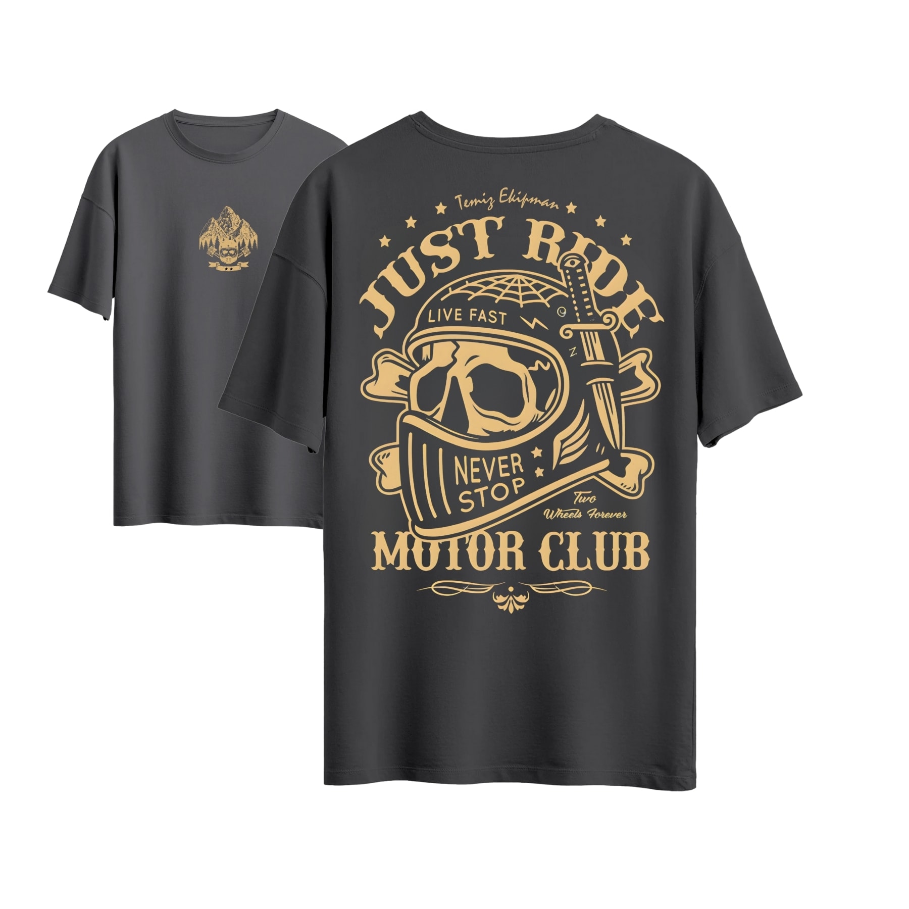 Antrasit TEM Moto Club %100 Pamuk Motosiklet Tişörtü