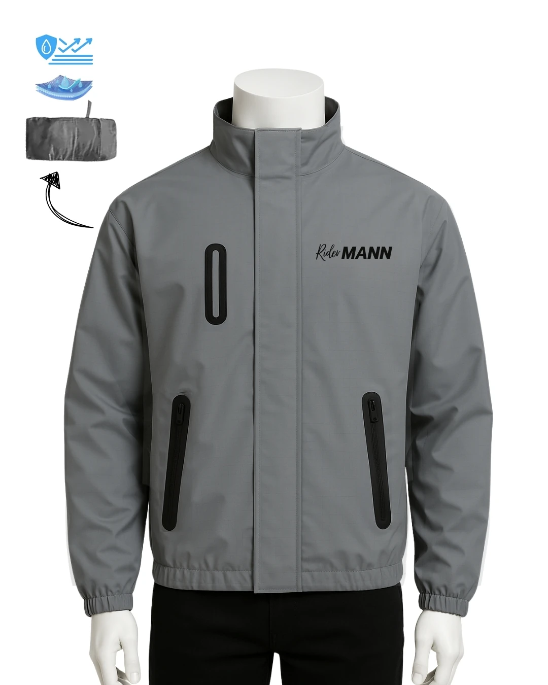 Rider Mann Profesyonel Yağmurluk Ve Rüzgarlık Kapşonsuz  - Nardo Gri