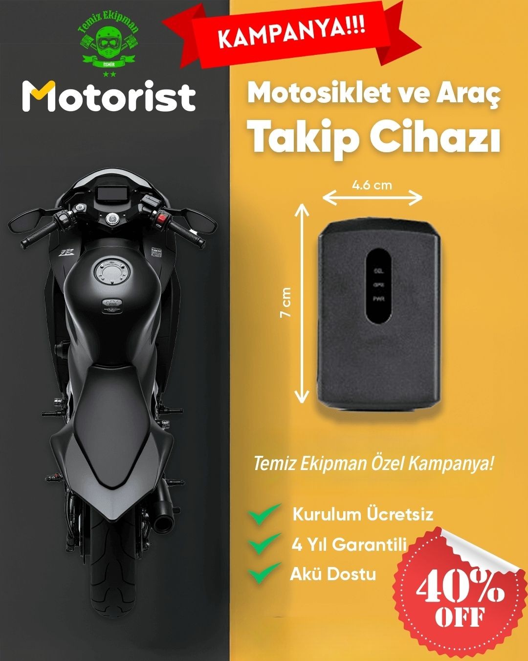 MOTORİST MOTOSİKLET TAKİP CİHAZI 12 AYLIK ABONELİK + ÜCRETSİZ MONTAJ
