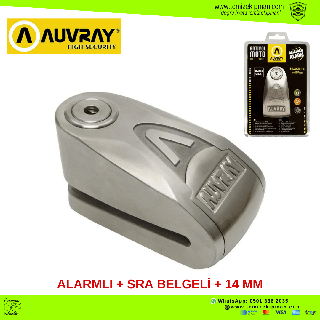 S.R.A. SERTİFİKALI ALARMLI AUVRAY BLOCK 14 MM PROFESYONEL MOTOSİKLET DİSK KİLİDİ