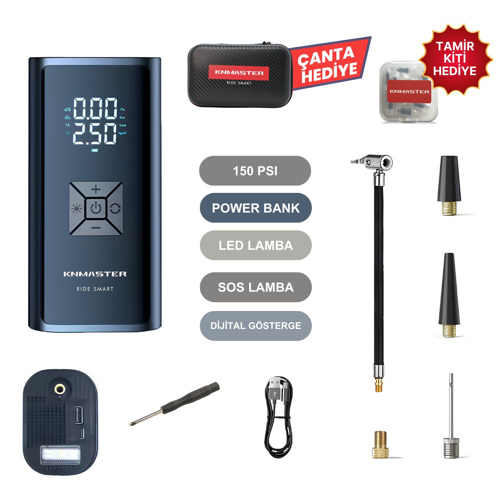 Knmaster Lp100 Taşinabilir Akilli Hava Kompresörü + Powerbank 4500 Mah + Lastik Tamir