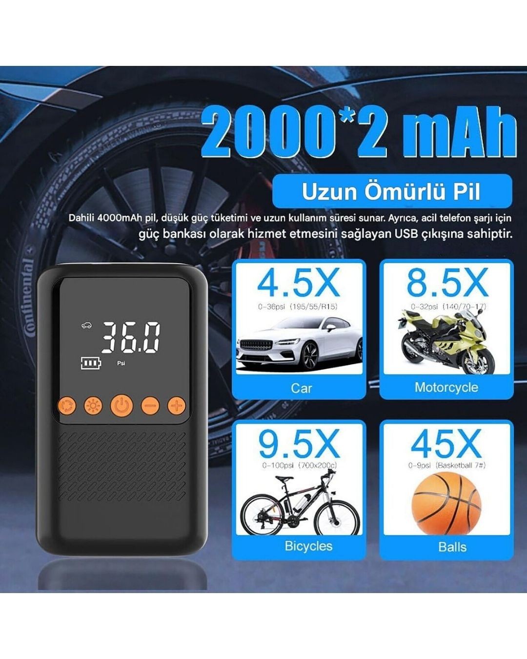 Mts Şarjlı Hava Kompresörü Pompa + Powerbank + Aydınlatma