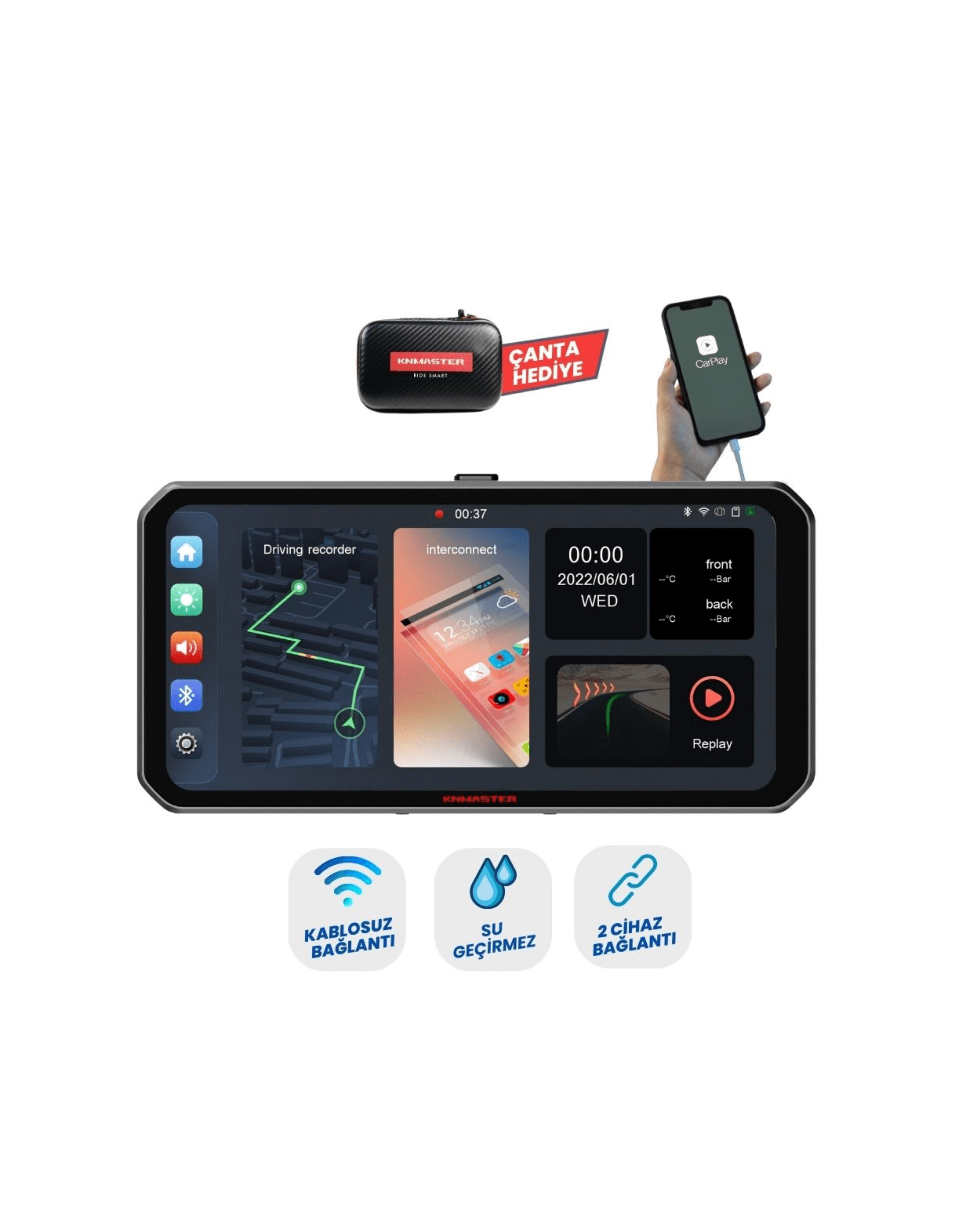 Knmaster Motoplay 1000 Kablosuz CarPlay & Android Auto Destekli Motosiklet Multimedya Ekranı