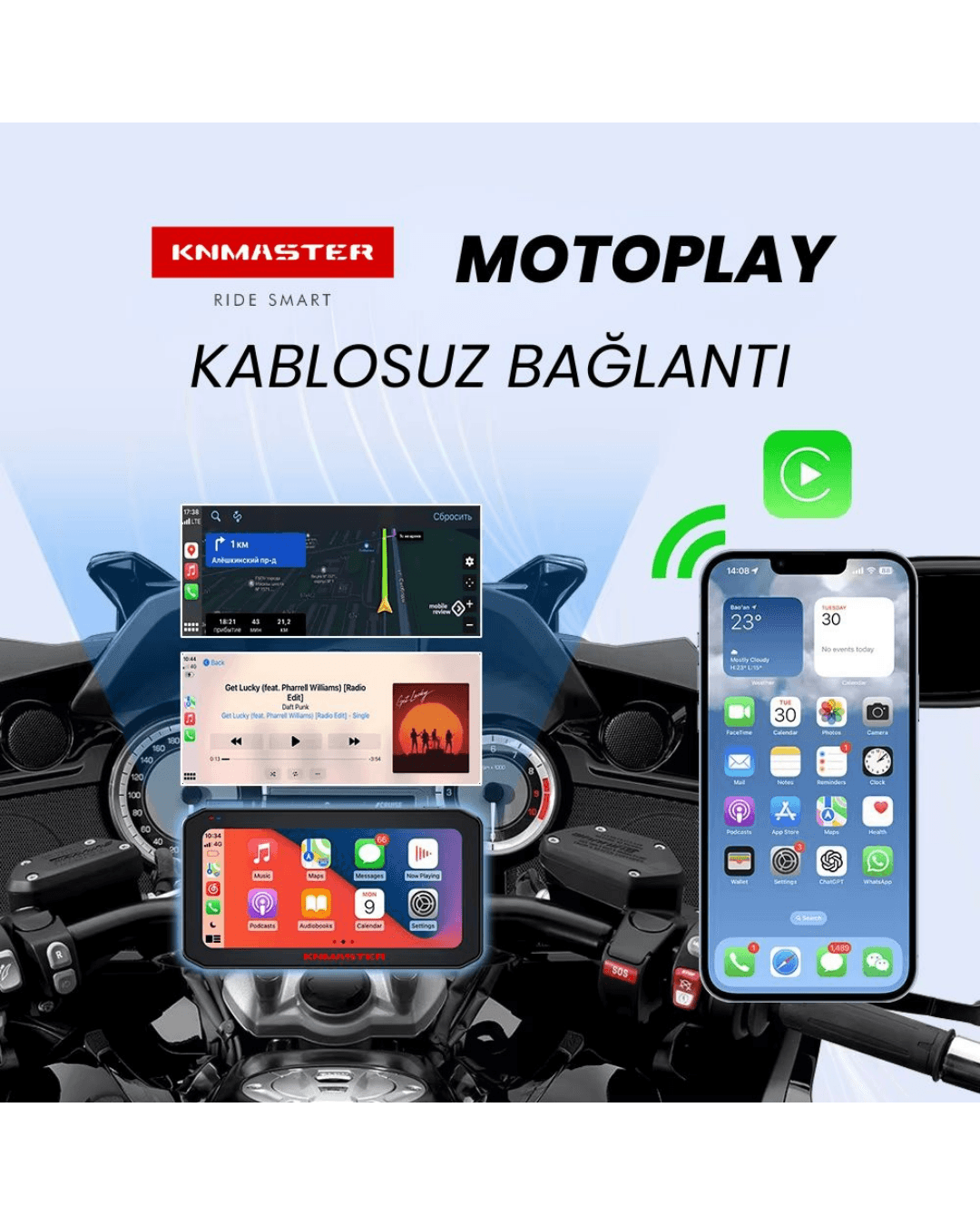 Knmaster Motoplay 1000 Kablosuz CarPlay & Android Auto Destekli Motosiklet Multimedya Ekranı