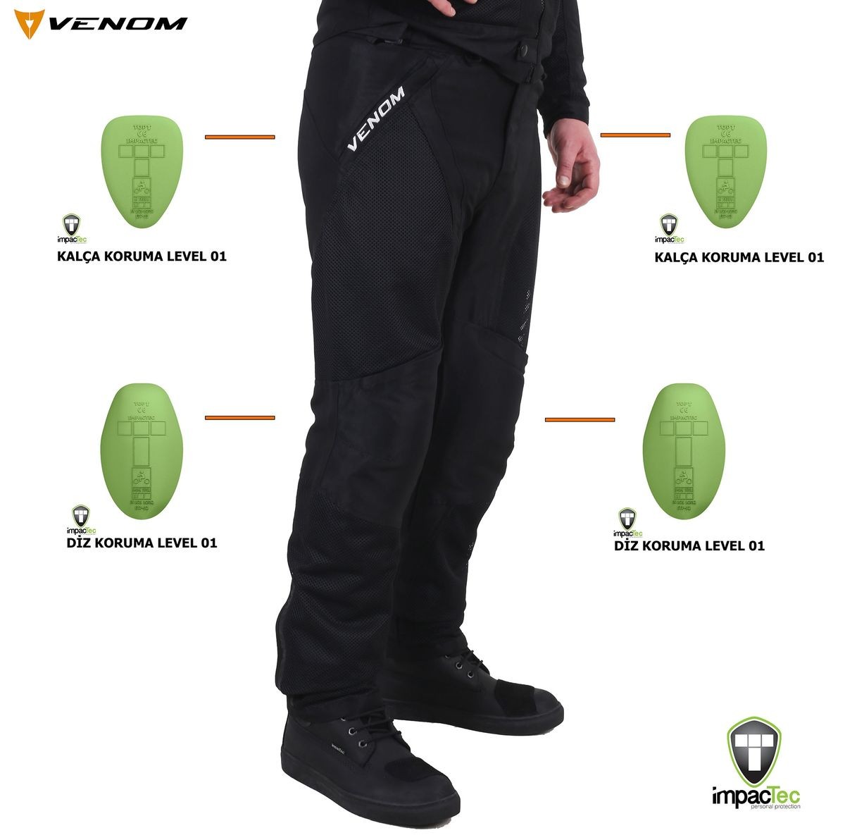 VENOM URBAN YAZLIK MOTOSİKLET PANTOLONU + IMPACTEC KORUMA SETİ