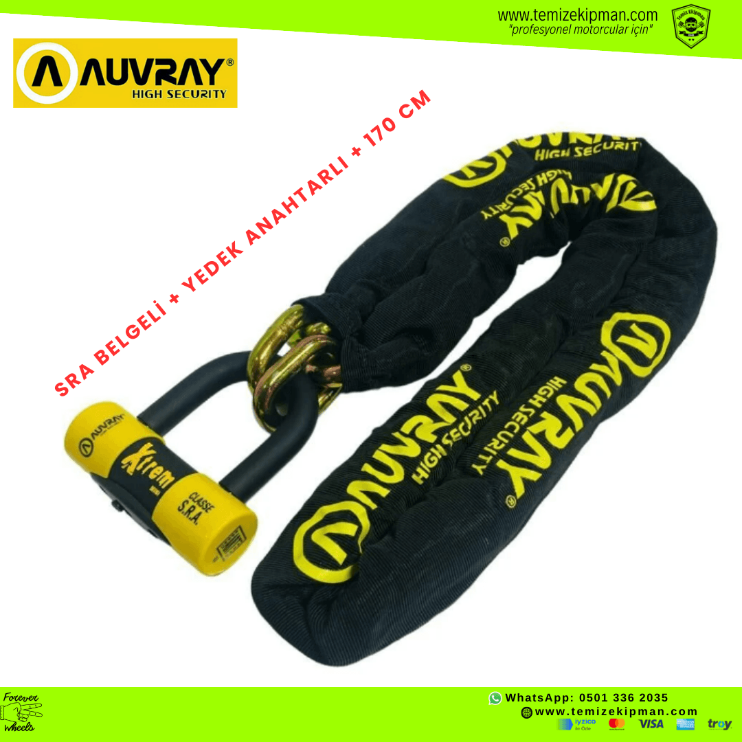 AUVRAY CHAIN XTREME 170 CM 13.5 MM S.R.A. KESİLMEZ SERTİFİKALI MOTOSİKLET ZİNCİR KİLİT 