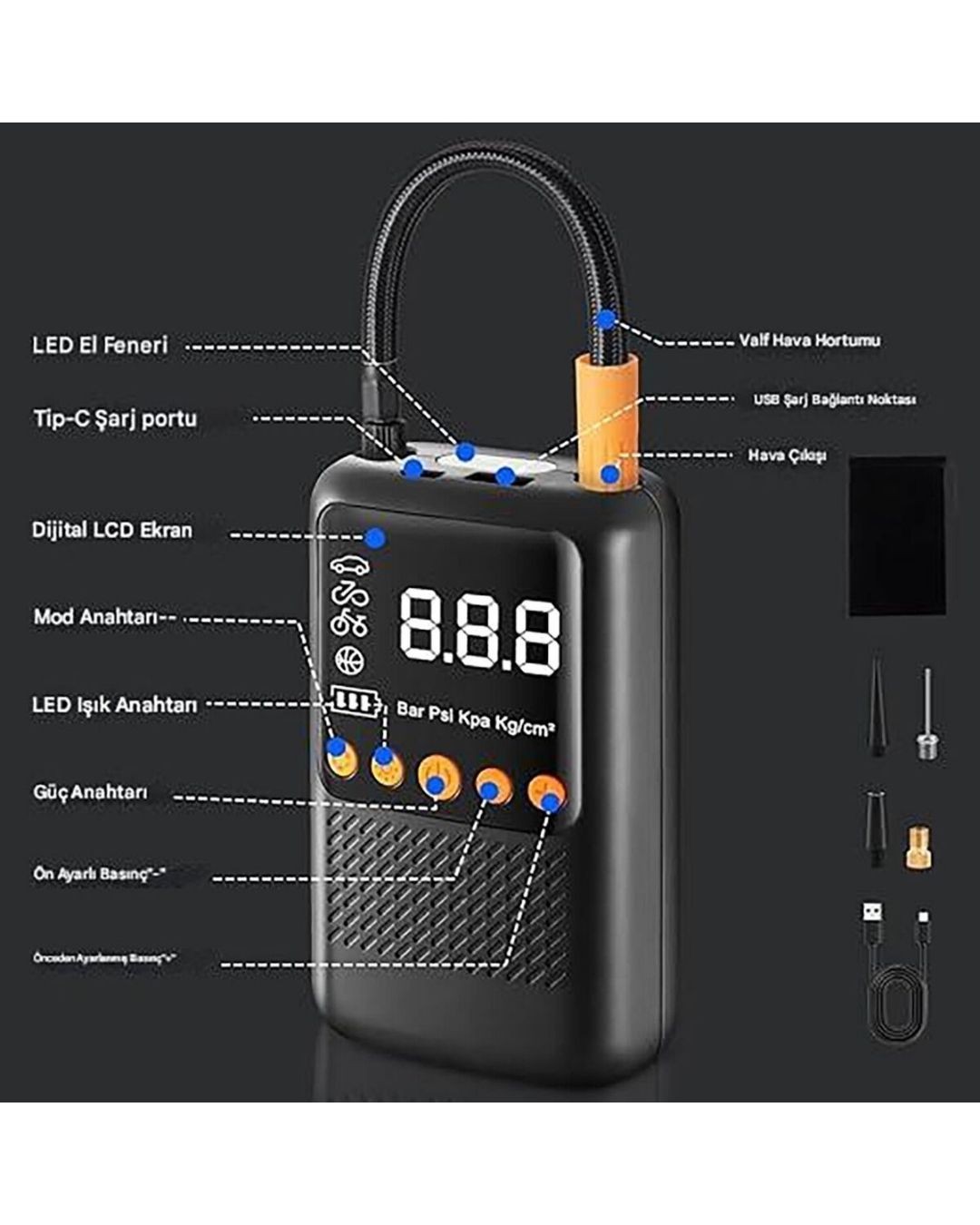 Mts Şarjlı Hava Kompresörü Pompa + Powerbank + Aydınlatma