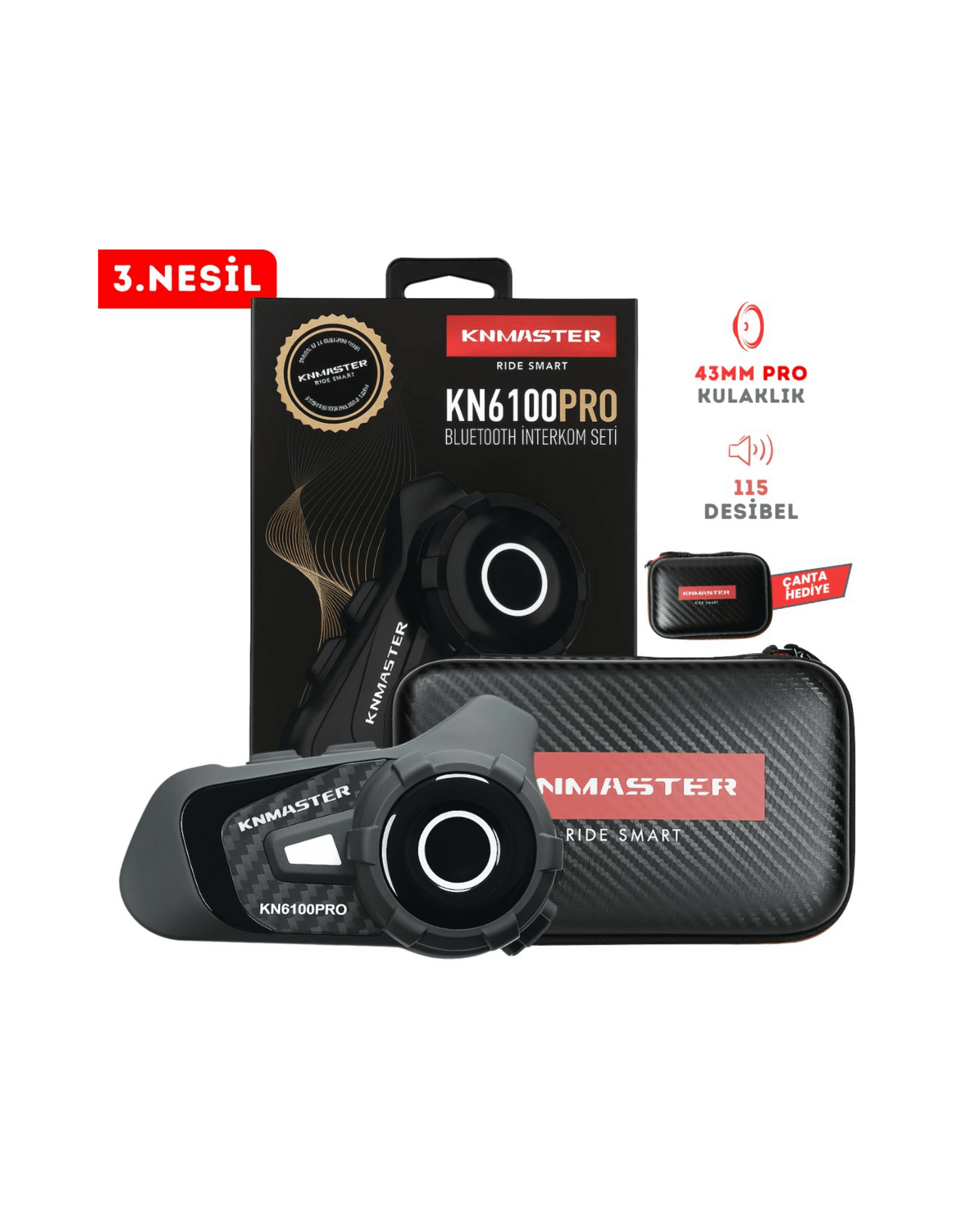 Knmaster KN6100 Pro 3. Nesil Karbon Çantalı Bluetooth Intercom