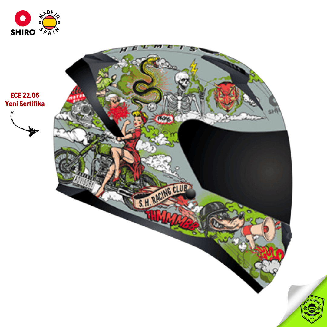 SHIRO SH-667SV BLASTER OLDSKULL GRAPHIC FULLFACE MOTOSİKLET KASKI 