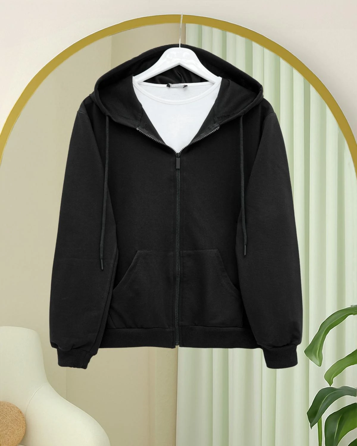 Unisex Kapşonlu Sweatshirt 2 İplik Şardonlu, Fermuarlı, Cepli