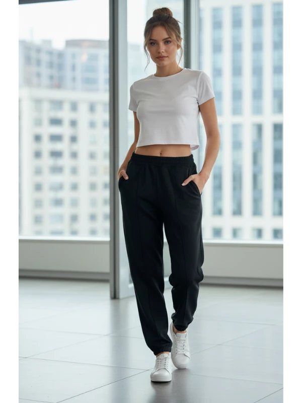 2170 KADIN 2 İplik Penye Eşofman Altı Siyah Düz Renk, Beli Lastikli, Paça Lastikli ,Cepli)