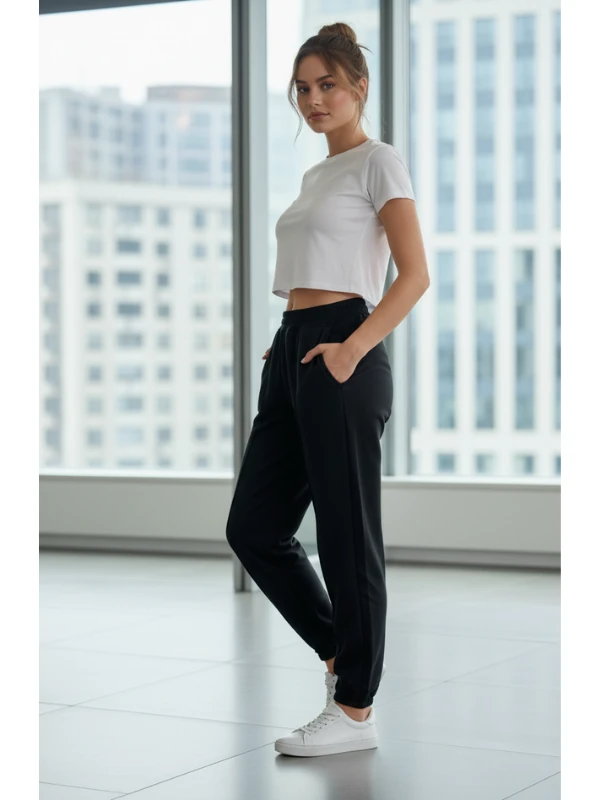 2170 KADIN 2 İplik Penye Eşofman Altı Siyah Düz Renk, Beli Lastikli, Paça Lastikli ,Cepli)