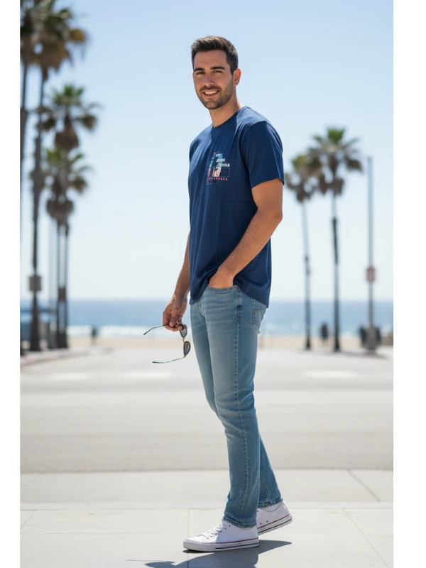 Erkek Sıfır Yaka Baskılı Tshirt