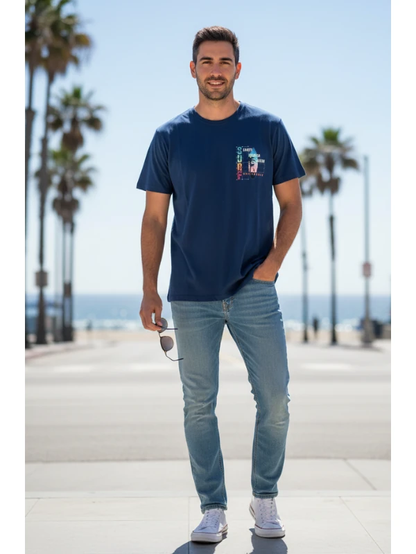 Erkek Sıfır Yaka Baskılı Tshirt