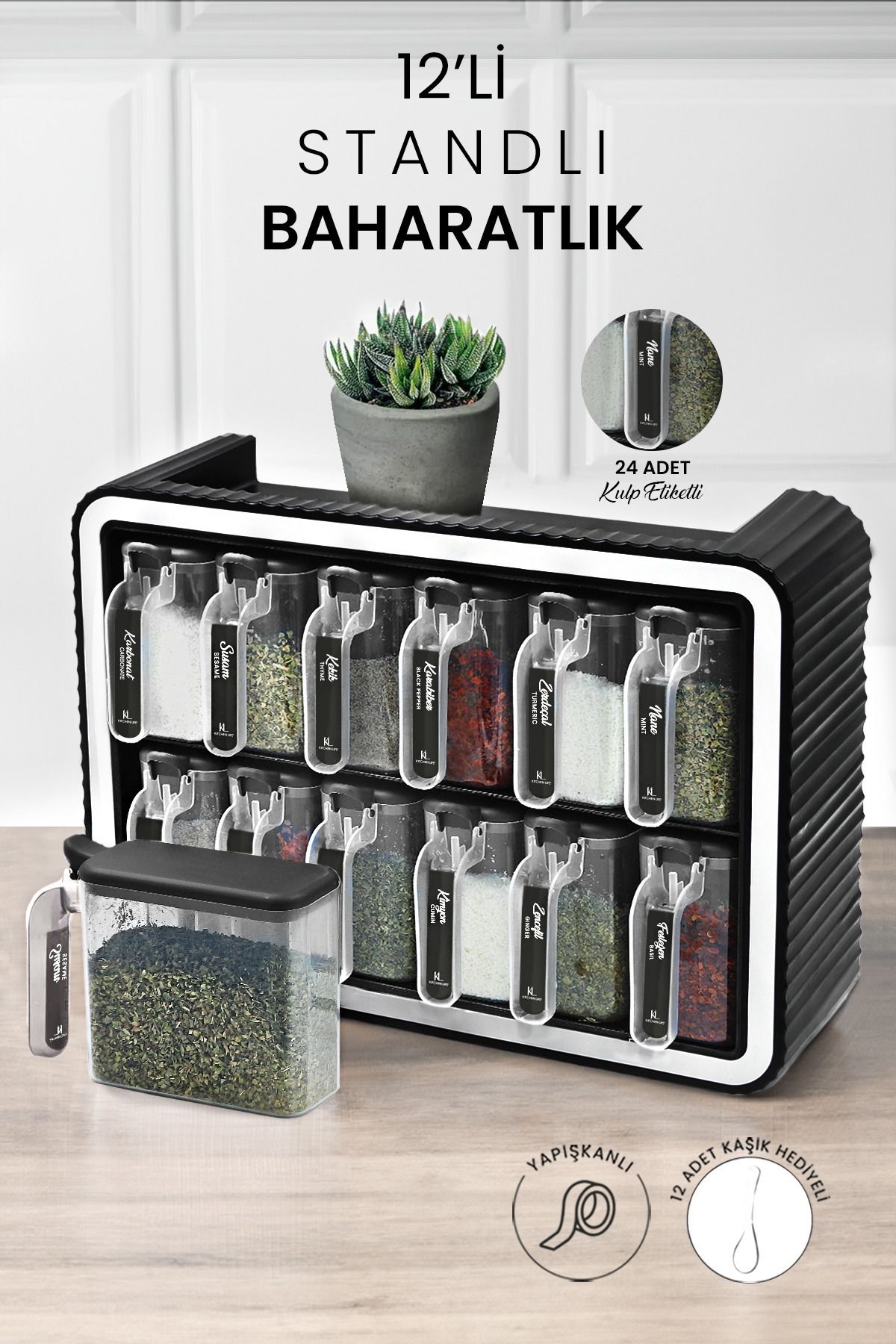 12 li Standlı Kendinden Yapışkanlı Kapaklı Kaşıklı Baharatlık Takımı - Kulplu Baharatlık Standı