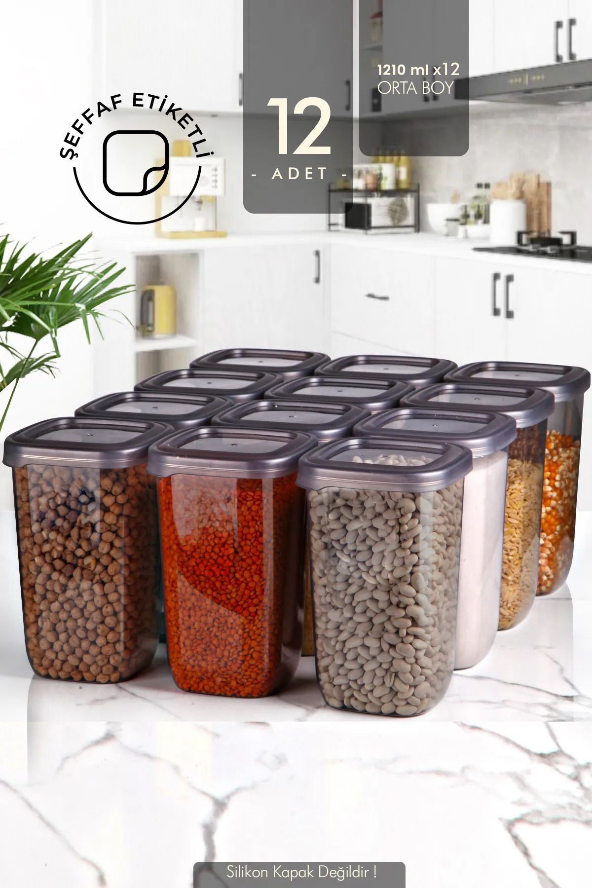 12'li Etiketli Square Kare Erzak Saklama Kabı Seti 1200 ml - Sert Kapaklı Düzenleyici Kavanoz