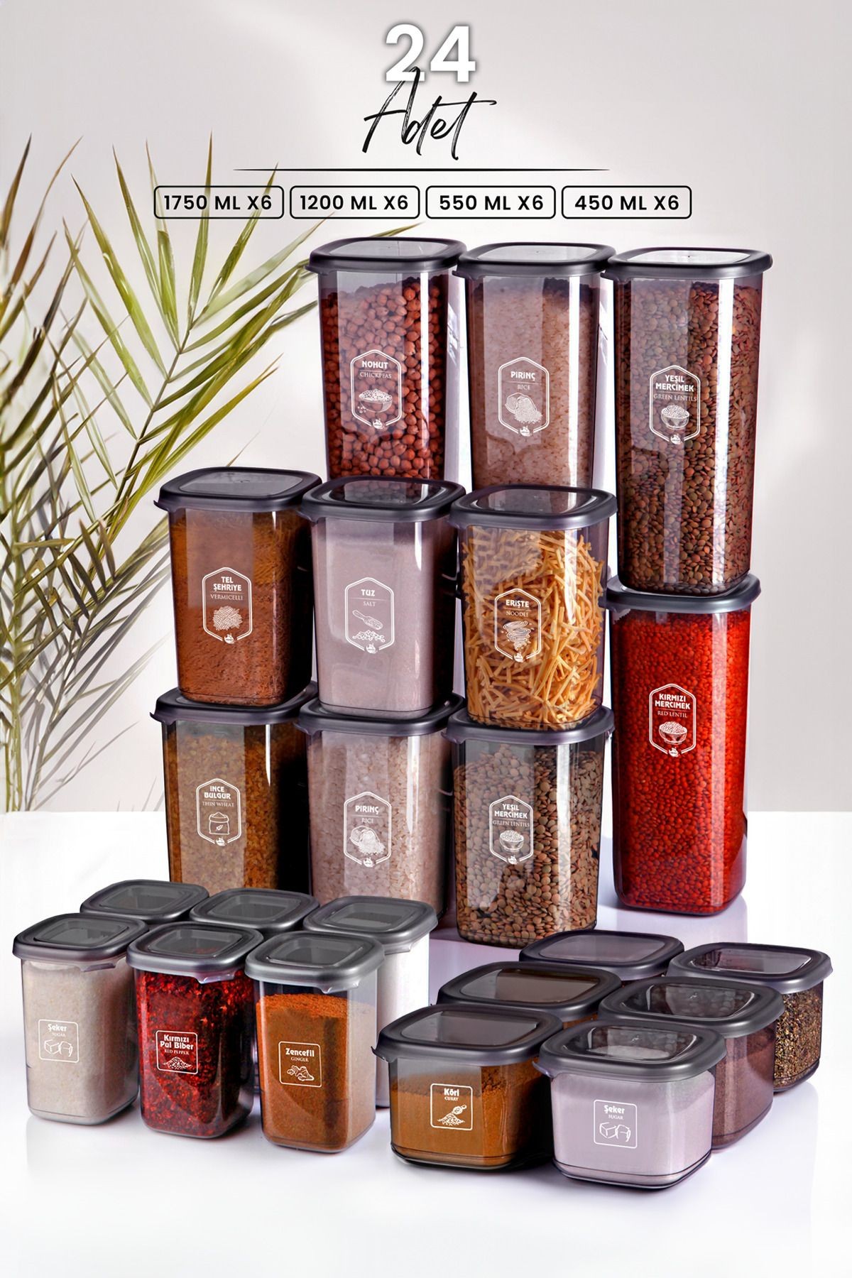 24'lü Etiketli Modernity Kare Erzak Saklama Kabı Seti (1750ml x6 - 1200ml x6 - 550ml x6 - 450 x6 )