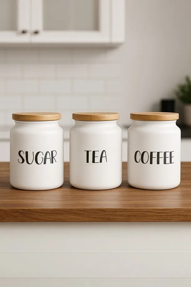 3'Lü Vakumlu ve Bambu Kapaklı Beyaz Sugar Tea Coffee Kavanoz Seti 820 Ml - Çay,Şeker,Kahve Kavanozu