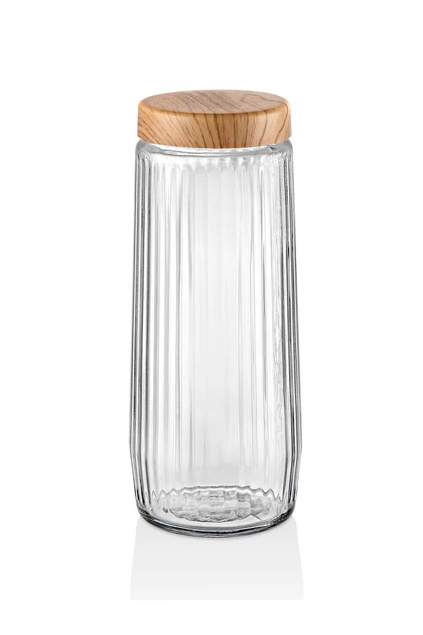 6 Adet 1,5 Litre Mega Boy Bambu Kapak Görünümlü Çizgili Kavanoz Seti 1500 ML