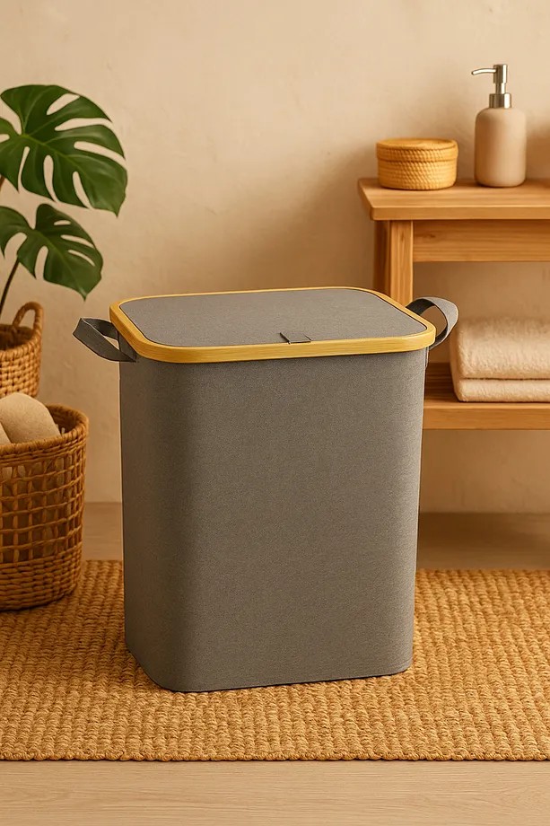 Bambu Kapaklı Katlanabilir Kumaş Çamaşır Sepeti 60 Litre Kapaklı ve Katlanabilir Oyuncak Sepeti