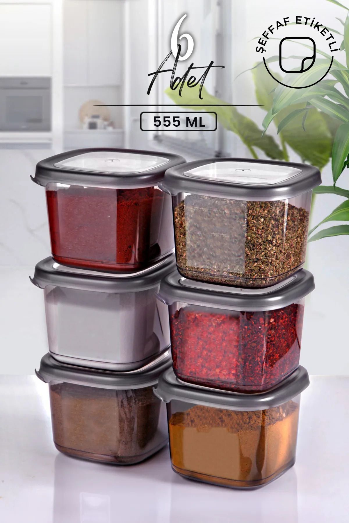 6'lı Etiketli Ve Kaşıklı Square Kare Erzak Baharatlık Takımı 550 ml - Sert Kapaklı Saklama Kabı Seti