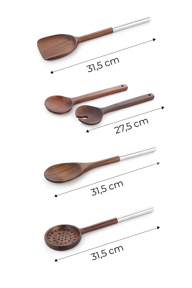  5 Parça Çelik Saplı Servis Takımı - Akasya Servis Kaşık Spatula Kepçe Seti Servis Seti