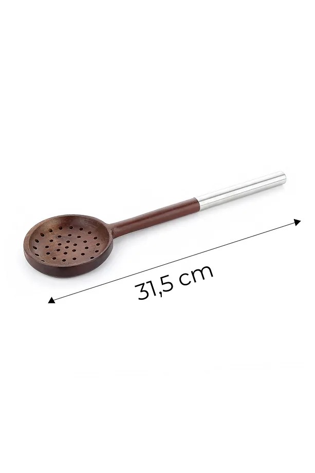 3 Parça Çelik Saplı Servis Takımı - Akasya Servis Kaşık Spatula Kepçe Seti Servis Seti