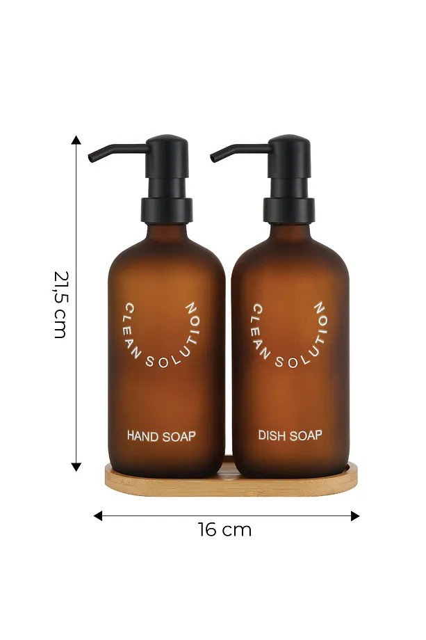 2' li Amber Bambu Altlıklı Cam Sıvı Sabunluk Seti 500 ml - Bambu Standlı Sabunluk Seti