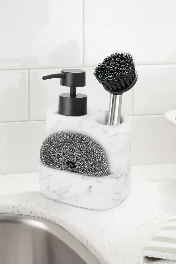 Fırça ve Tel Bölmeli Lüx Sıvı Sabunluk - Banyo Mutfak Tezgah Üstü Sabunluk