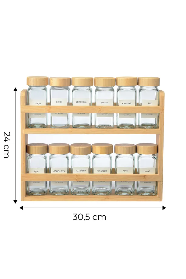12' Li Bambu Standlı Bambu Kapaklı Kare Baharatlık Seti 100 Ml - Standlı Bambu Baharatlık