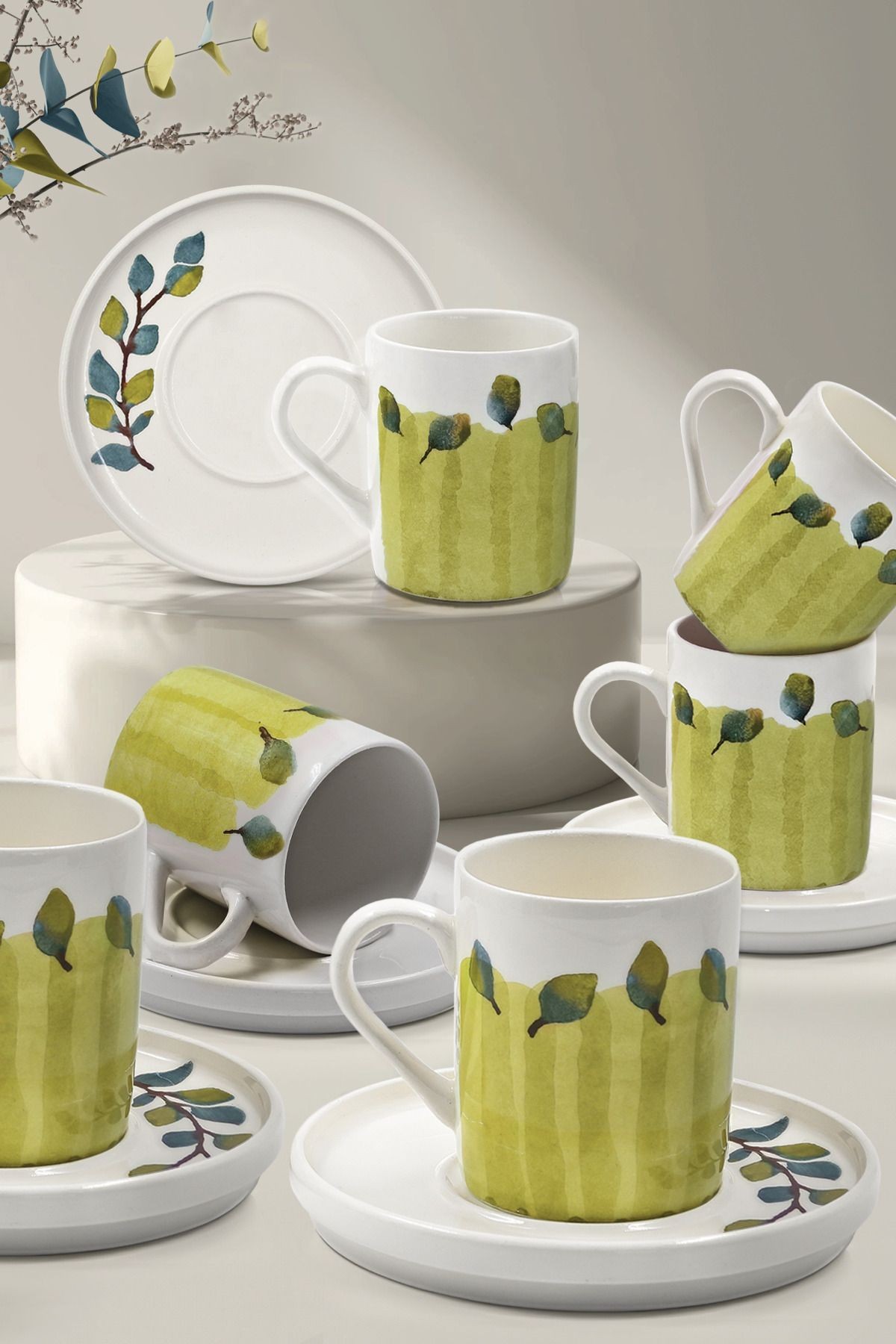 12 Parça 6 Kişilik Handmade Güz Yaprak Kahve Fincan Takımı - El Yapımı Kahve Fincanı Takımı